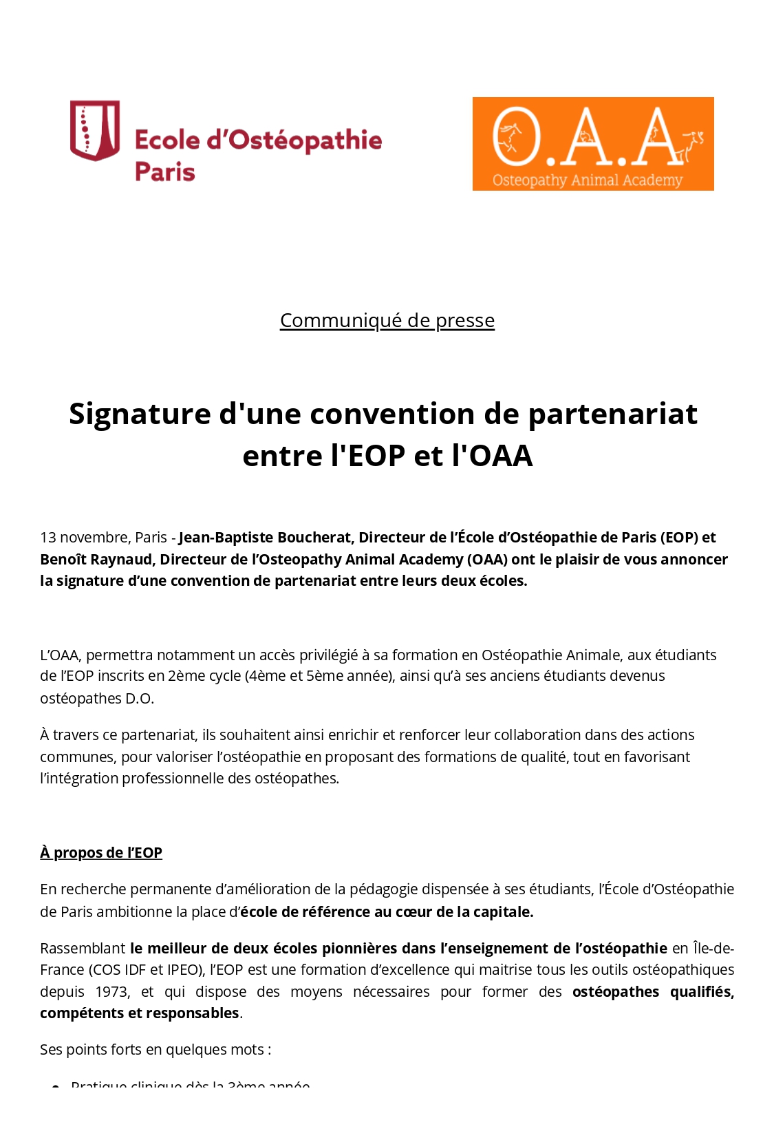 Signature d’une convention de partenariat entre l’EOP et l’OAA